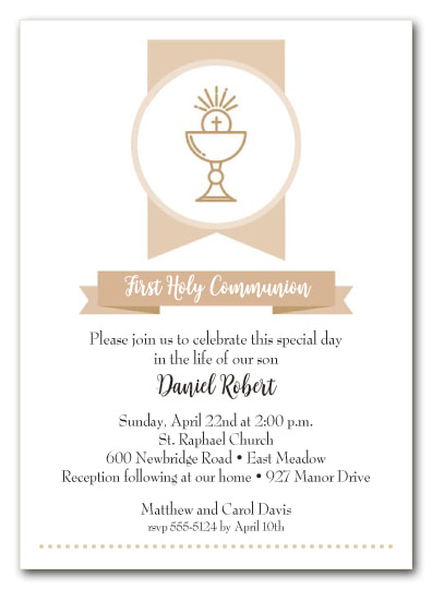 Beige Chalice Banner Invitations - First Communion, Baptism, Christening Invitations
