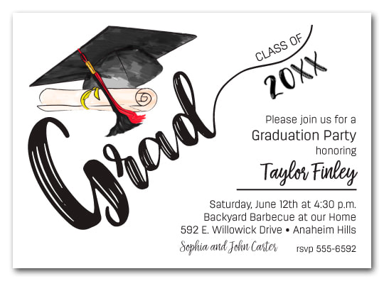 Black & Red Tassel on Black Cap Graduation Party Invitations or Announcements for high school, college or middle school graduation party invitations