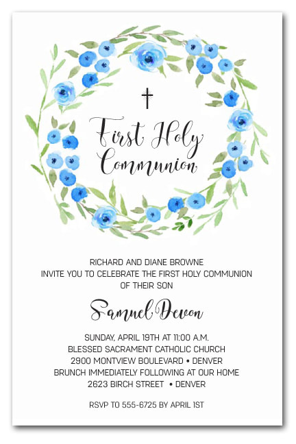 Blue Blooms Wreath Invitations - First Communion, Baptism, Christening Invitations