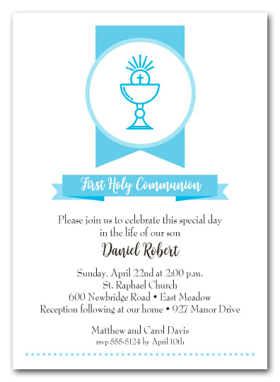 Blue Chalice Banner Invitations - First Communion, Baptism, Christening Invitations
