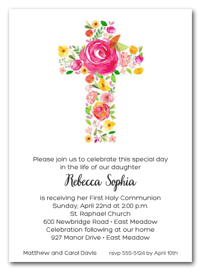 Cross of Flowers Pink First Communion Invitations (also available in Blue)