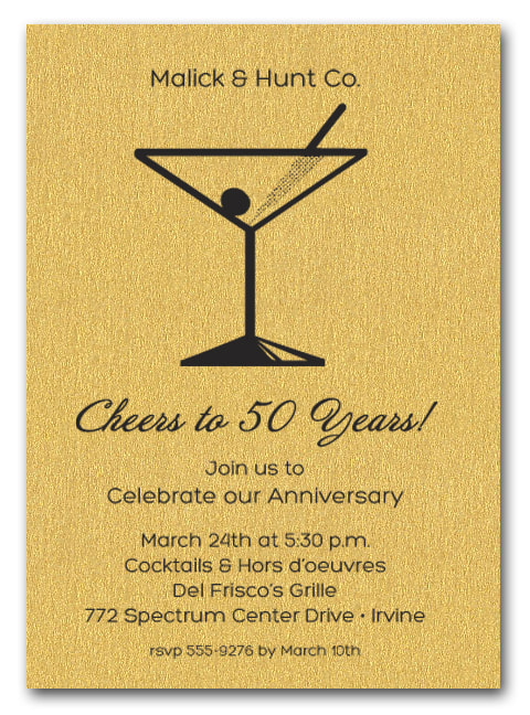 Martini Invitations on Shimmery Gold Paper - LOTS OF PAPER COLORS AVAILABLE! Use for business cocktail party invitations, anniversary party invitations, retirement party invitations and more.