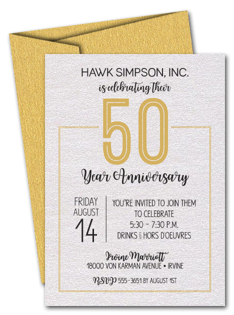 Business Anniversary Invitations on shimmery white paper and shimmery color envelopes. LOTS OF SHIMMERY PAPER COLORS AVAILABLE. Use for ANY YEAR! Just change the wording.