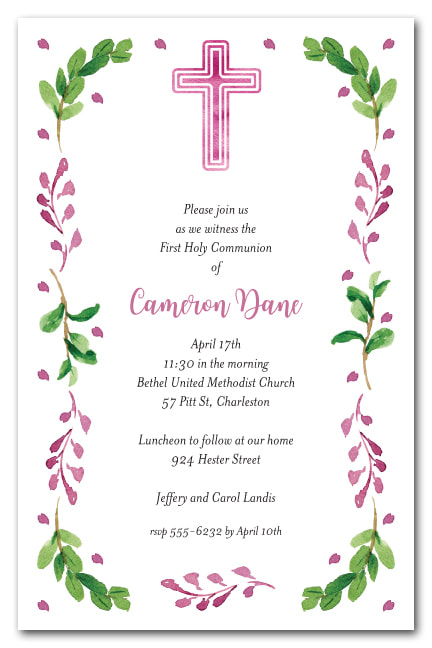 Pink Cross, Leaves & Buds Invitations - First Communion, Baptism, Christening Invitations