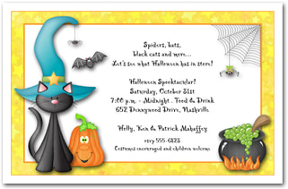 Teal Hat Black Cat Halloween Invitations from TheInvitationShop.com