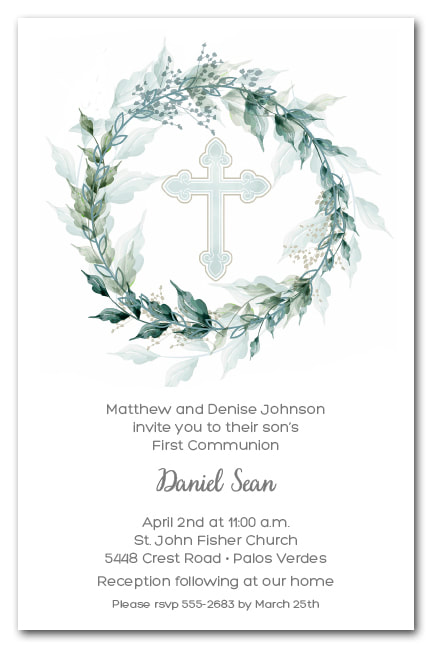 Sage Wreath Blue Cross Invitations - First Communion, Baptism, Christening Invitations