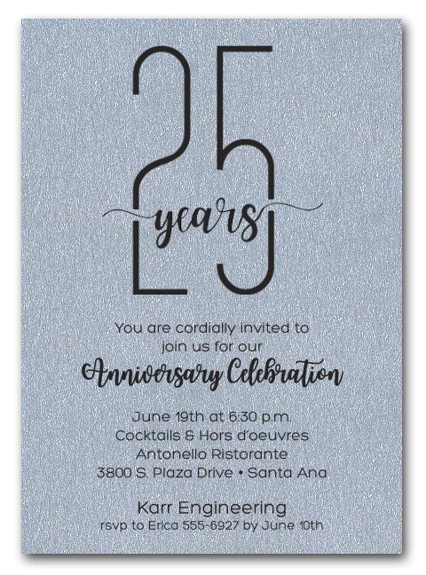 Shimmery Silver Business Anniversary Party Invitations - also use for retirement party invitations, corporate anniversary party and more. LOTS OF PAPER COLORS AVAILABLE. Use for any occasion, just change the wording.