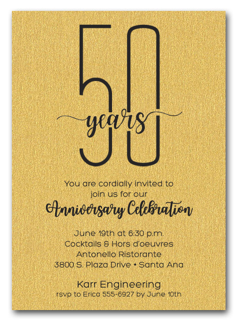 Shimmery Gold Business Anniversary Party Invitations - also use for retirement party invitations, corporate anniversary party and more. LOTS OF PAPER COLORS AVAILABLE. Use for any occasion, just change the wording.