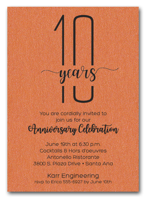 Shimmery Orange Business Anniversary Party Invitations - also use for retirement party invitations, corporate anniversary party and more. LOTS OF PAPER COLORS AVAILABLE. Use for any occasion, just change the wording.