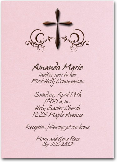 Brown Cross on Shimmery Pink First Communion Invitations from TheInvitationShop.com
