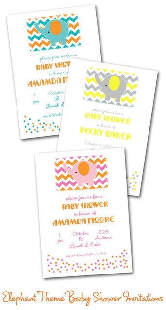 Chevron and Elephant Baby Shower Invitations in Pink, Teal or Yellow + baby shower planning tips from TheInvitationShop.com