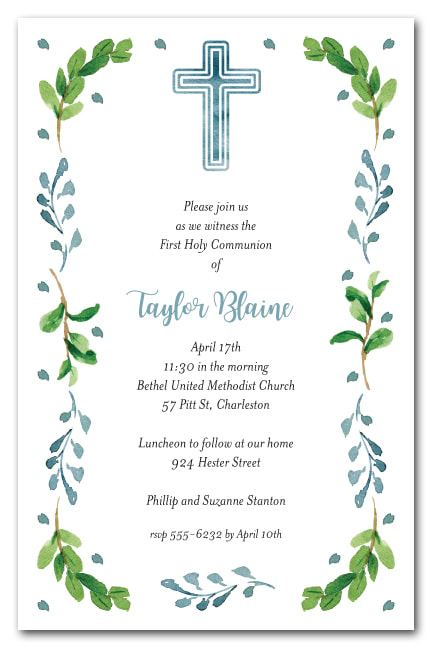Blue Cross, Leaves & Buds Invitations - First Communion, Baptism, Christening Invitations