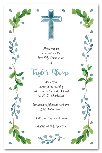 Blue Cross, Leaves & Buds First Holy Communion Invitations (also available in Pink)