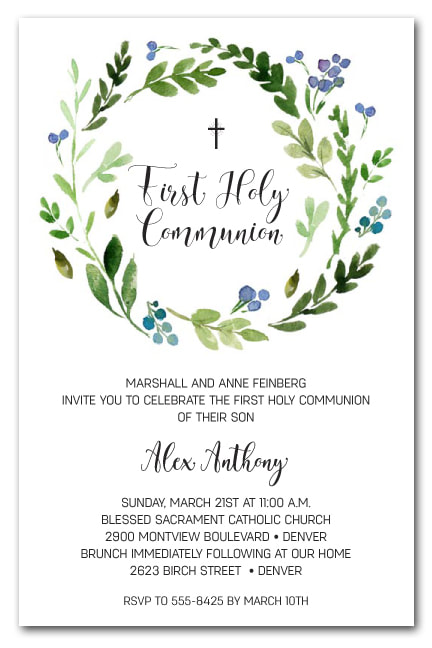 Blue Bud Wreath First Holy Communion Invitations | available in Blue and Pink