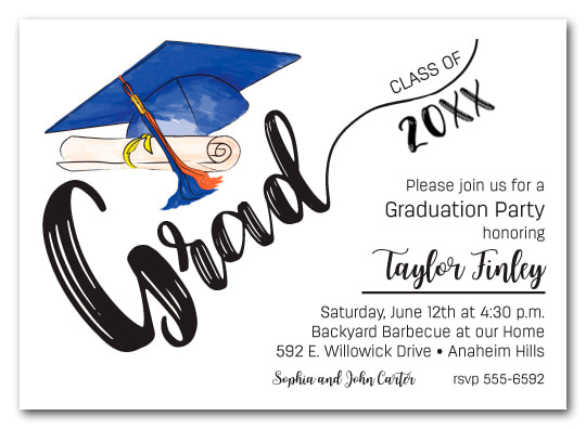 Blue & Orange Tassel on Black Cap Graduation Party Invitations or Announcements for high school, college or middle school graduation party invitations