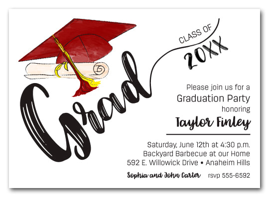 Burgundy & Yellow Tassel on Black Cap Graduation Party Invitations or Announcements for high school, college or middle school graduation party invitations