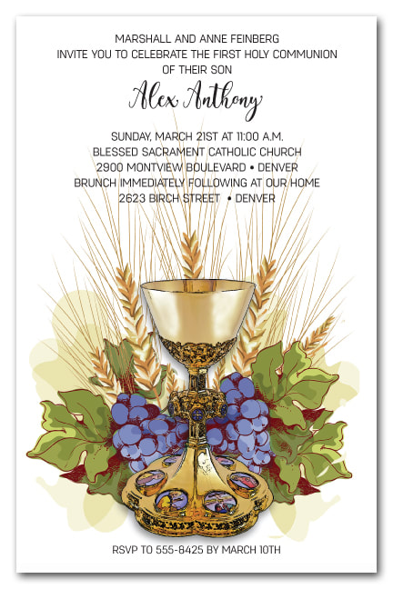 Chalice, Grapes & Wheat Religious Invitations - First Communion, Baptism, Christening Invitations