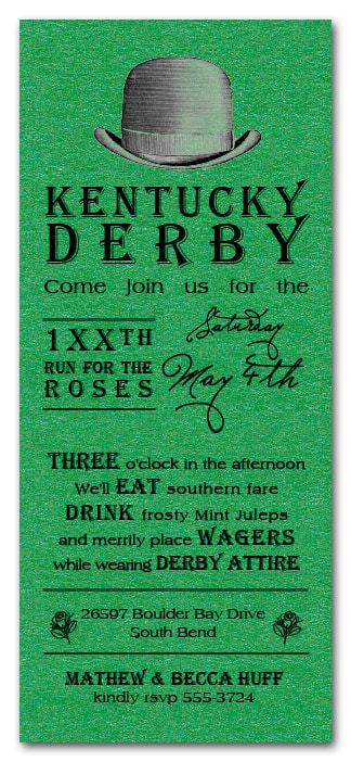 Derby Hat on Shimmery Green Kentucky Derby Party Invitations