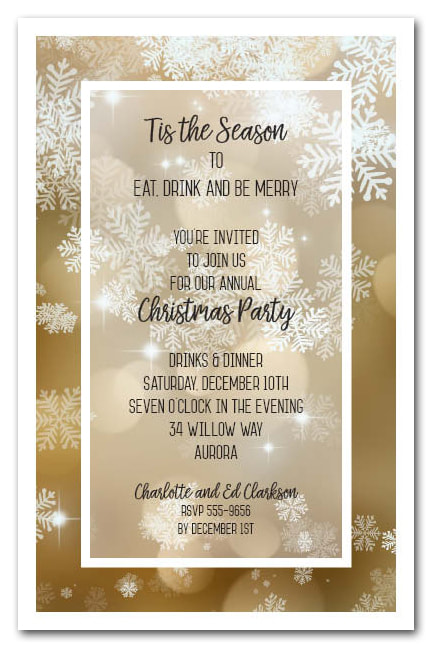 Falling Snow on Gold Holiday Party Invitations