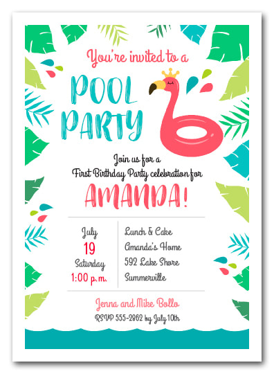 Flamingo Float Pool Party Birthday Invitations | Come see all our party invitations for all occasions