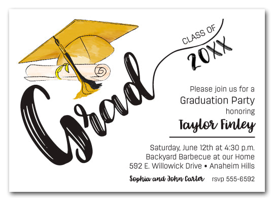 Gold & Black Tassel on Black Cap Graduation Party Invitations or Announcements for high school, college or middle school graduation party invitations