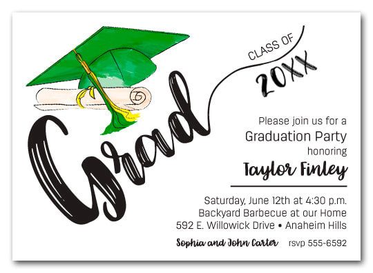 Green & Yellow Tassel on Black Cap Graduation Party Invitations or Announcements for high school, college or middle school graduation party invitations