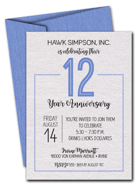 Business Anniversary Invitations on shimmery white paper and shimmery color envelopes. LOTS OF SHIMMERY PAPER COLORS AVAILABLE. Use for ANY YEAR! Just change the wording.