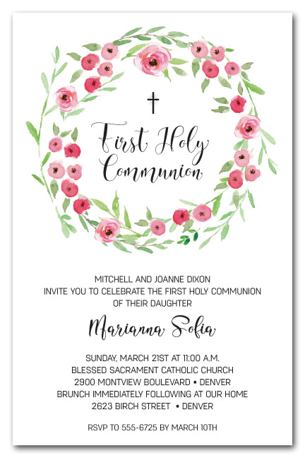 Pink Blooms Wreath Invitations - First Communion, Baptism, Christening Invitations