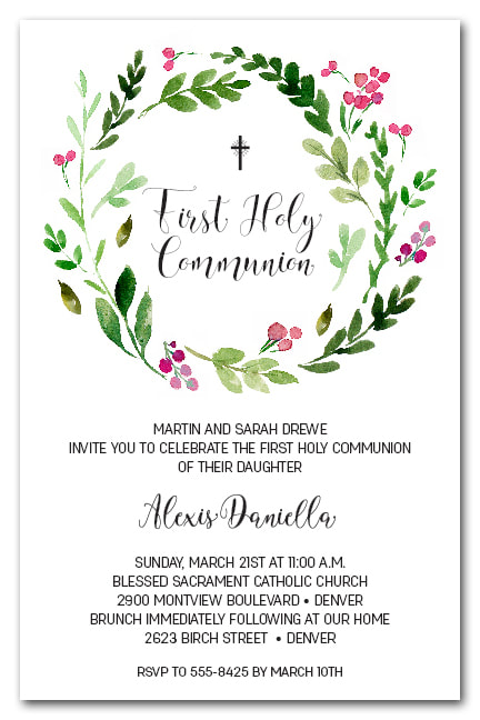 Pink Bud Wreath Invitations - First Communion, Baptism, Christening Invitations