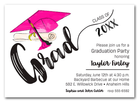 Hot Pink & Black Tassel on Black Cap Graduation Party Invitations or Announcements for high school, college or middle school graduation party invitations