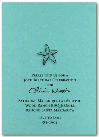 Starfish on Shimmery Teal Party Invitations from TheInvitationShop.com