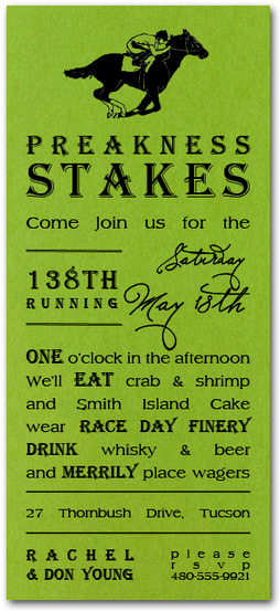 Preakness Stakes Shimmery Green Party Invitations plus traditions, history, food and cocktails recipes from TheInvitationShop.com