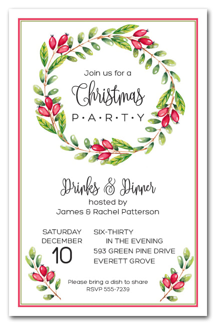 Red Berries Vine Wreath Holiday Party Invitations