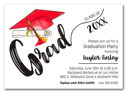 Red & Gold Tassel on Black Cap Graduation Party Invitations or Announcements for high school, college or middle school graduation party invitations