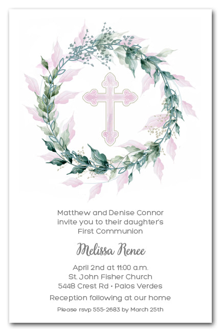 Sage Wreath Pink Cross Invitations - First Communion, Baptism, Christening Invitations
