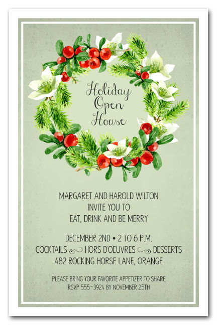 Wreath on Sage Holiday Party Invitations